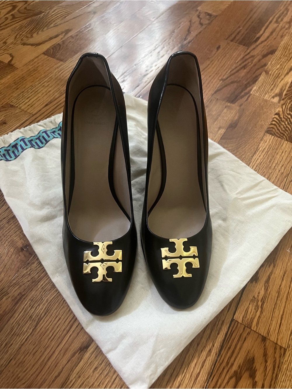 Tory Burch Black Raleigh Wedge Heels with Gold Emblem